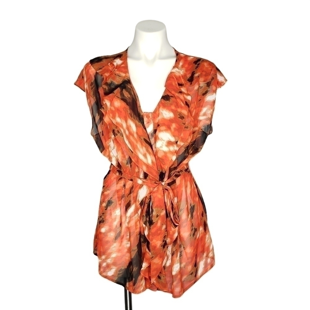 Worthington Button Down Sheer Belted Ruffle Blouse